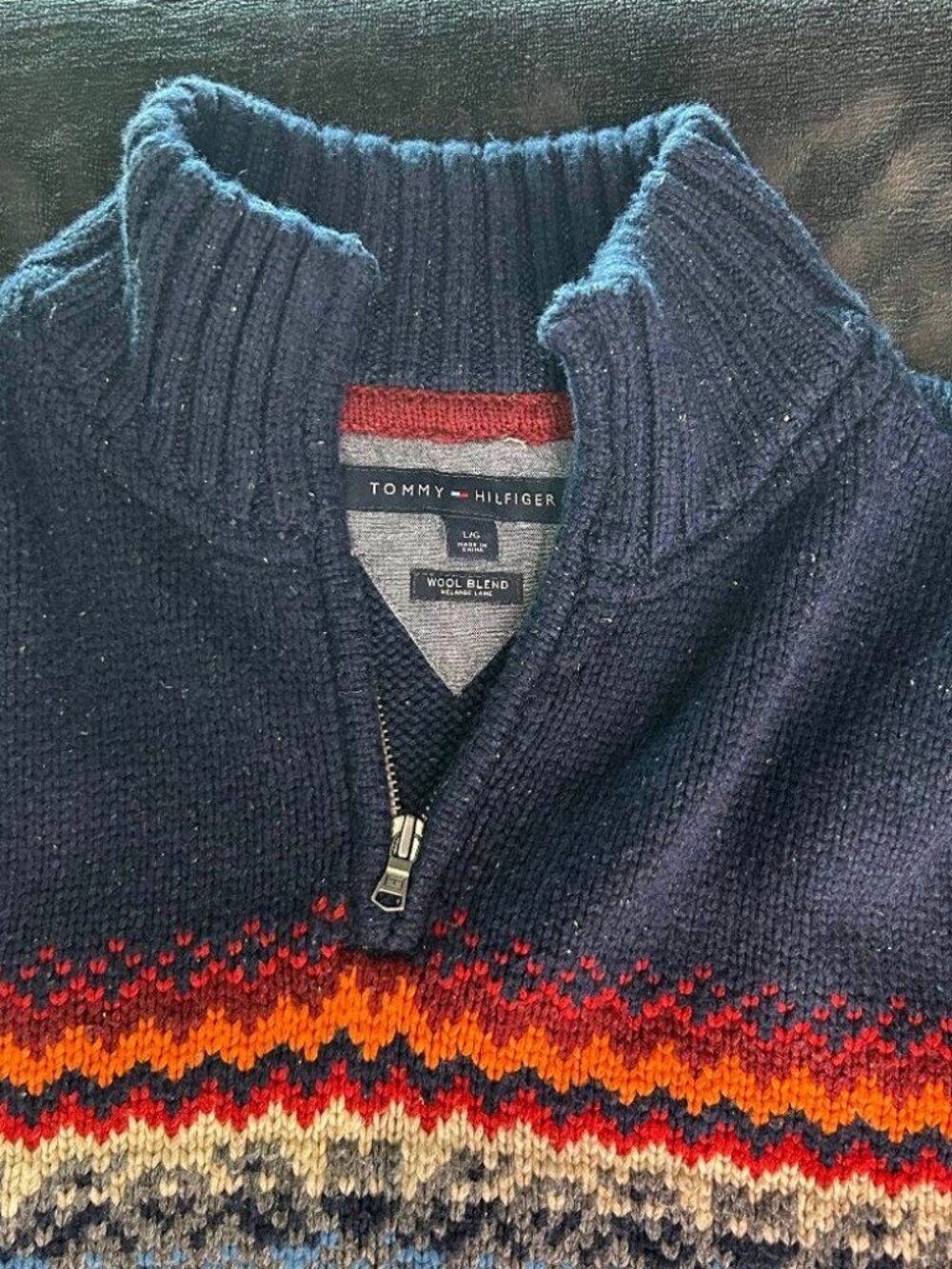 Tommy Hilfiger Wool Blend 1/4 Zip Sweater L Fair Isle Navy Beige Pattern